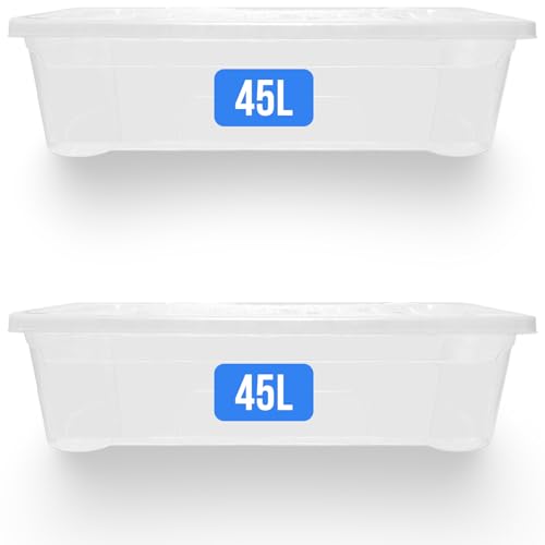 KAPCO 2 x 45L Clear Plastic Storage Boxes with Lids – Under Bed Storage Containers, Stackable, Transparent, Heavy Duty, Organising Bins for Clothes, Toys, Seasonal Décor | 45 Litre | BPA-Free