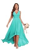 Sukleet Long Turquoise Bridesmaid Dresses for Wedding High Low Ruched Formal Dresses for Women with Pockets Size 10