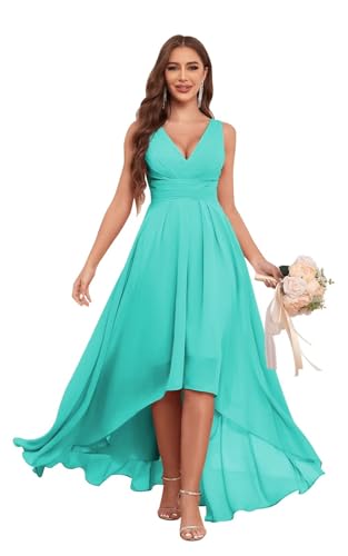 Image of Sukleet Chiffon Bridesmaid Dresses for Women with Pockets V Neck Ruched Short Formal Party Dress