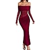 Women's Off Shoulder Bodycon Dresses Sexy Mesh Long Sleeve Pleated Maxi Dress Party Cocktail Wedding Formal Dress Red
