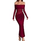 Women's Off Shoulder Bodycon Dresses Sexy Mesh Long Sleeve Pleated Maxi Dress Party Cocktail Wedding Formal Dress Red