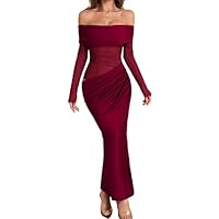 Women's Off Shoulder Bodycon Dresses Sexy Mesh Long Sleeve Pleated Maxi Dress Party Cocktail Wedding Formal Dress Red