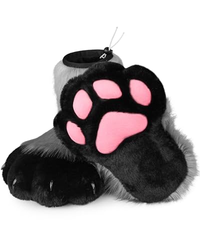 ZFKJERS Cosplay Tierkatze Kunststoffkrallen für Fursuit Füße Pfotenschuhe Pelzige Pfotenpantoffeln Erwachsene Kostüm Zubehör Set (Grau)