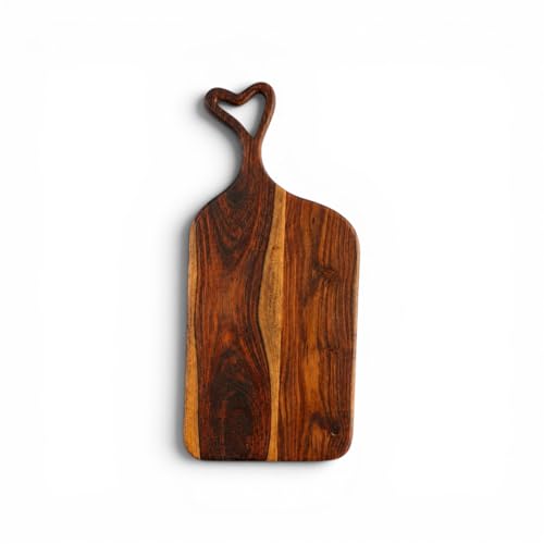 Image of Handcrafted Wooden Chopping Board for Kitchen | Cutting Board & Serving Platter | Food Safe Wooden Board for Vegetables, Fruits, Cheese & Bread | Multiple Designs (Heart Handle, Sheesham Wood)