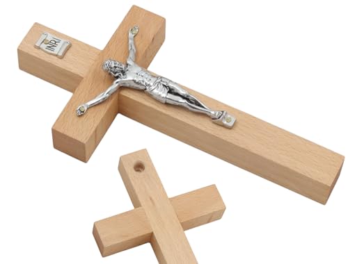 Cruz de madera de haya con estatua Jesús PEQUEÑA 18 x 9 cm colgante de pared