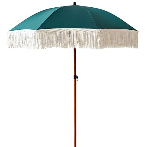 180cm Boho Rund Strandschirm mit Fransen, Balkonschirm, Garten Windbeständig Sonnenschirme für Terrasse,UPF 50+, Grün
