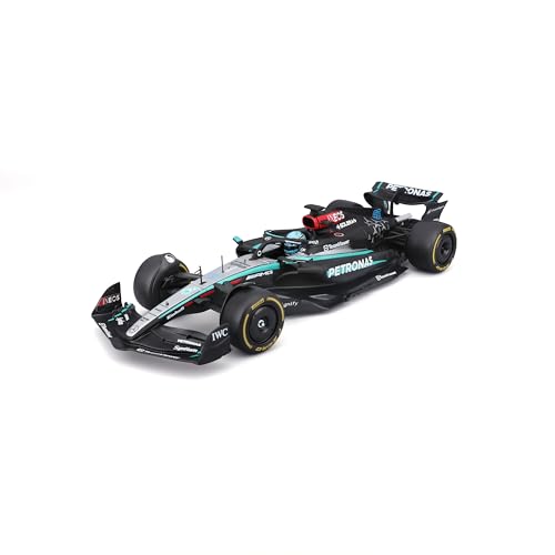 Bburago Formule 1 Mercedes-AMG Petronas F1 Team W15 2025 N°63 George Russell avec Casque — Moulée sous Pression à l'Échelle 1:24, Argent Noir Turquoise