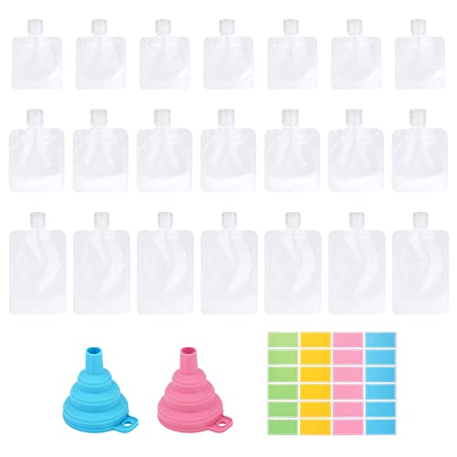 DASNTERED 25 Stück 3 Größen 30 ml/50 ml/100 ml Reisegröße, nachfüllbar, leere Quetschbeutel, Reisegröße, Lotion, mit Trichter, Shampoo-Etikett Cover