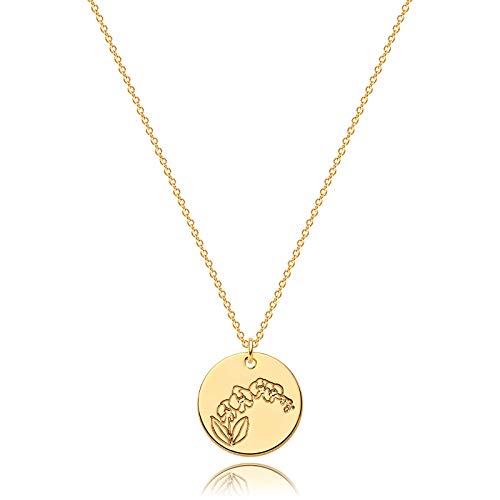 Bemoly Women Flower Necklace Dainty Personalized Carved Disk Birth Month Necklaces 14K Gold Plated Simple Chain Round Disc Coin Laser Charm Pendant Jewelry Gift for Her