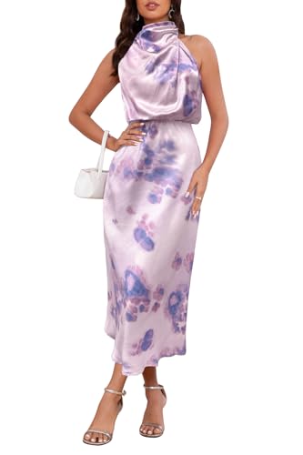 Image of Women's Satin Maxi Dress Summer Formal Wedding Guest Cocktail Dress | Mock Neck Sleeveless,Elegant Silk Midi Long Dress,High Neck,Halter,Aline,Bridesmaid,Bridal Shower Guest,Garden Party,Dinner