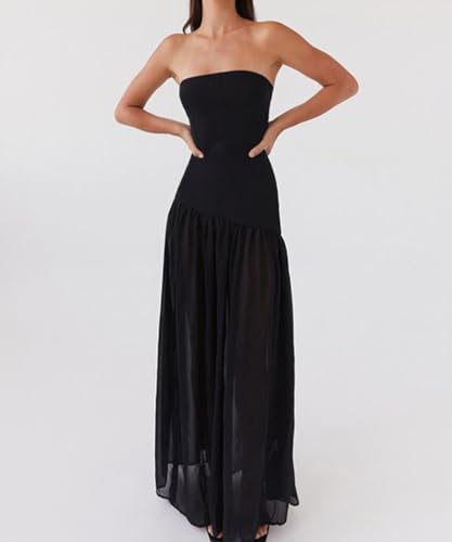 Image of Willow Dance Women Tube Top Dress Printed Mesh Patchwork Maxi Dress Strapless Sexy High Slit Long Dresses Party Clubwear