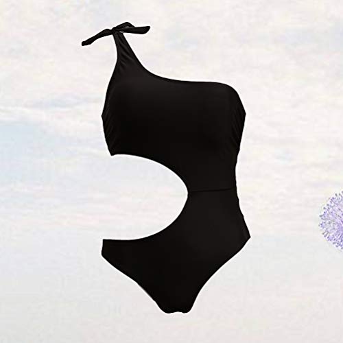 Maiô de uma peça de ombro só, traje de banho feminino sexy recortado, monoquíni liso (preto/G)