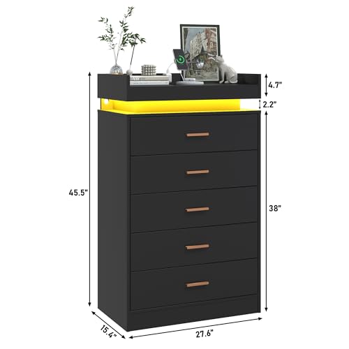 Image of jiteentarou 5 Drawer Dresser with Charging Station and LED Lights, Modern Chest of Drawers with Power Outlet, Organizer Cabinet for Bedroom, Living Room, Entryway, Black