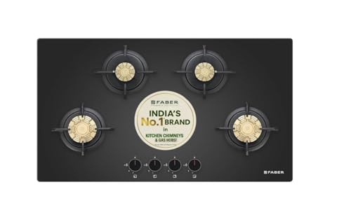 Image of Faber 4 Burner 90cm Hob /Cooktop Hybrid | Auto-Ignition| Metal Knobs|Cast Iron Pan Support|Black Glass Finish |5 Yrs Warranty on Glass,Valve & 2 Yrs on Burner by Faber| HOB PRIME HT904 CRS BR CI AI IN