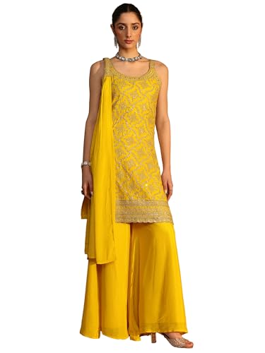 Kurta droite Chinon brodée ensemble trois pièces femme avec pantalon large palazzo chic