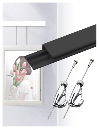 Image of Wall Art Hanging Rail,Picture Hanging Track,Picture Rail Hooks & Installation Hardware,Two of Steel Cables, Four of Hooks,Two of End Caps(Black,110cm /43.31in)