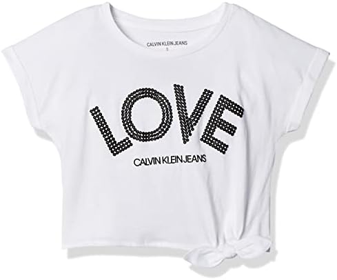 Calvin Klein Girls' Short Sleeve Tie Front Knot Graphic T-Shirt, White Glitter, 5