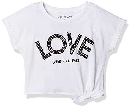Calvin Klein Girls' Short Sleeve Tie Front Knot Graphic T-Shirt, White Glitter, 5 #TOP26