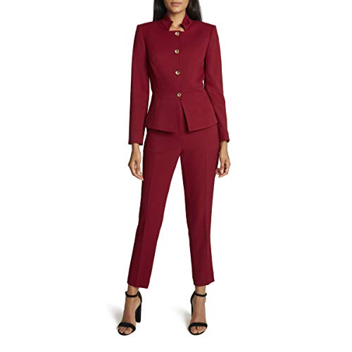 Tahari ASL Women's Stand Collar Jacket and Ankle Pant Set, Bordeaux, 10