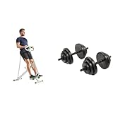 Sunny Health & Fitness Row-N-Ride Squat Assist Trainer for Glutes & Full Body Cardio Workout + Exercise Vinyl 18KG Dumbbell Set Hand Weights for Strength Training, Weight Loss, Workout Bench