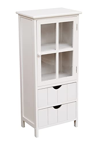 MIMBRE NATURAL ESTANTERÍA Vitrina PEQUEÑA - 2 CAJONES-Estantería de Madera Blanca con Armario de Cristal y Dos cajones con líneas Verticales. Ideal para Decorar el baño del hogar. (31×29×83)
