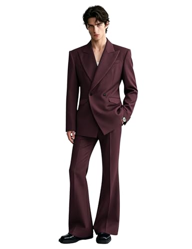 Burgundy Korean Retro Flared Suit Set, Men's Asymmetric Double Breasted Blazer with Modern Micro-Flare Pants, High Street Formal Wear Burgundy 3XL