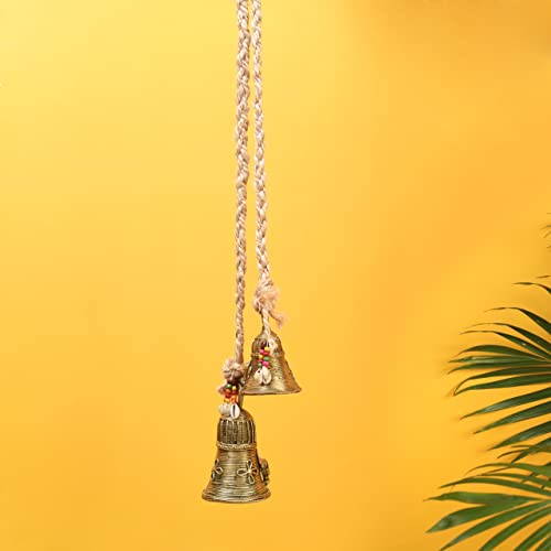 Image of Aakriti Art Creations Handcrafted Golden Dhokra Brass Bells with Animal Motifs | Handmade Dhokra Art with Jute & Wooden Beads | Decorative Indoor & Outdoor Hanging for Home, Balcony & Gifting