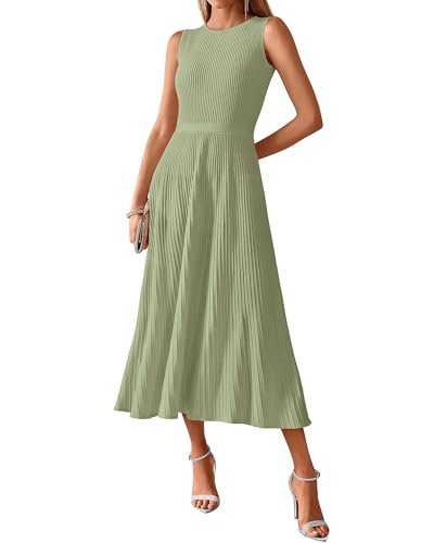 BTFBM Women Midi Bodycon Tank Dress Summer Crewneck Sleeveless Pleated A Line Business Casual Knit Sweater Fall Dresses(Mist Green, Large)