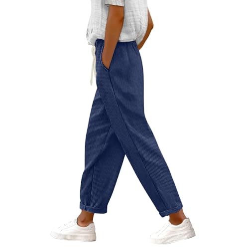 Vintage Corduroy Pants Women Casual Elastic Waist Drawstring Straight Leg Pants Loose Cozy Long Trousers with Pockets