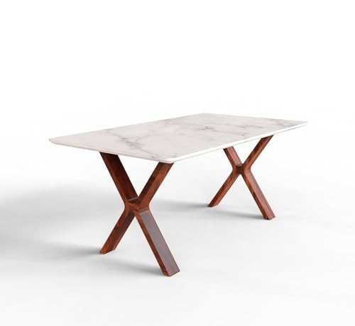 Image of Epoxy Marble Top Finish Six-Seater Dining Table with Cane Cushioned Chair with Honey Finish | Custimization Available| Made on Order