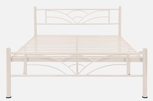 Image of Zyra Metal Queen Size Bed Without Storage | Wrought Iron Double Bed with Headboard & Footboard | Sturdy Powder Coated Platform Bed Queen Size Cot for BedroomLivingRoom Ivory (75x60)