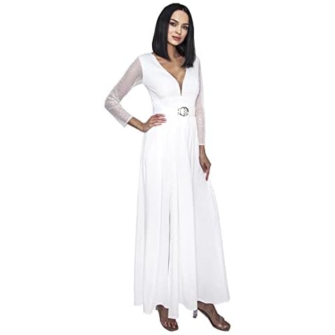 ZRSGXG Sequin Long Sleeve Deep V-Neck Belt Slit Club Banquet Party Evening Dress, White, Medium Cover