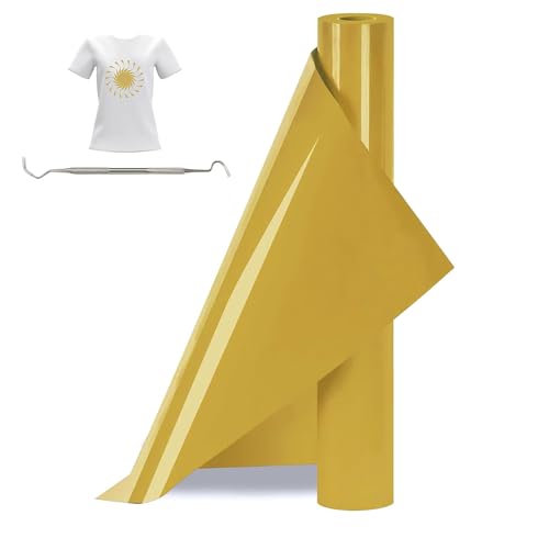 Bocguy Vinilo Textil Termoadhesivo, 30.5 CM X 377 CM Vinilo Textil Dorado con Gancho Deshierbe, Vinilo Termoadhesivo Textil para DIY Camisetas y Más Telas, Fácil de Cortar (Dorado)