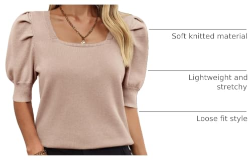 Image of Womens Puff Short Sleeve Sweater Tops Square Neck Casual Knit Pullover | Dressy Casual Blouses,Fall Shirts,Fashion Summer Clothing,Cute Spring Outfits,Work Shirts