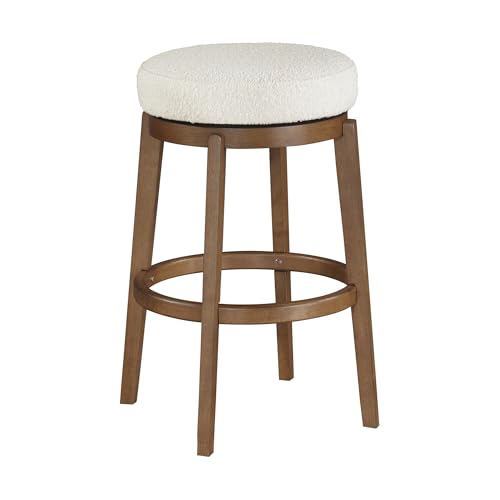 Butaco giratorio de altura de barra Lexicon estilo mid-century, asiento tapizado en bouclé blanco y estructura de madera maciza, sin respaldo, giro de 360 grados para isla de cocina y barra doméstica, color marrón miniatura 5