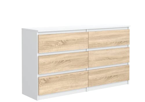 MebLocker Commode 6 Tiroirs Sonoma Blanc 120 cm - Design Minimaliste - 120 x 39 x 78,5 cm - Meuble de Rangement Spacieux pour Chambre, Salon ou Bureau
