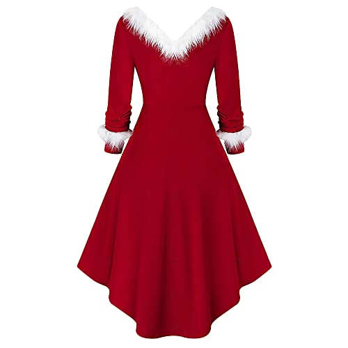 Yoaa Kerst speelse jurk met capuchon Midi kerstjurk kerstman pluizige jurk kerstjurk kerstjurk voor vrouwen rode prinsessenjurk met riem Xmas cosplay kostuum, B, XXL - Afbeelding 3