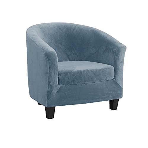 MIFXIN Tub Chair Slipcover 2-Piece Velvet Barrel Club Chair Covers with Cushion Cover Stretchy Soft Washable Armchair Sofa Couch Furniture Protector for Living Room Hotel Counter Cafe (Gray Blue)