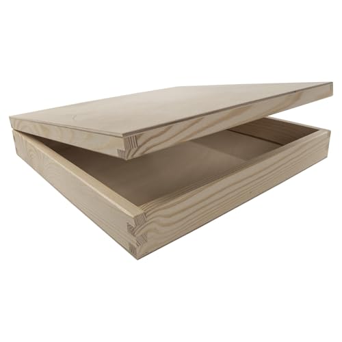 WooDeeDoo Boîte de rangement carrée en bois avec couvercle à charnière – 28 x 28 x 5 cm – Boîte en pin brut pour coffrets cadeaux, serviettes, projets d'artisanat, scrapbooking, souvenirs, décoration