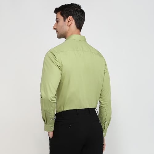 Image of Raymond Men Slim Fit Solid Pattern Pure Cotton Semicutaway Collar Full Sleeve Formal Shirt Green