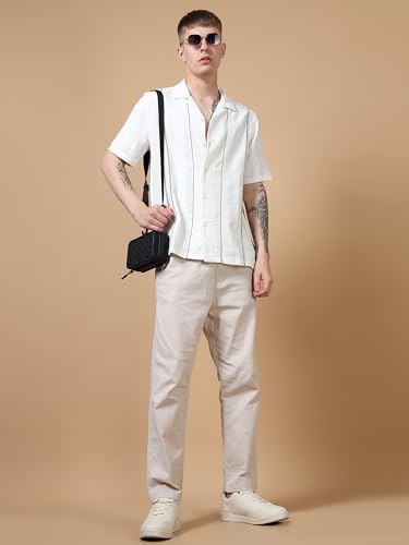 Image of StitchX Men's Half Sleeve Textured Cotton Contrast Stitch Detail Shirt