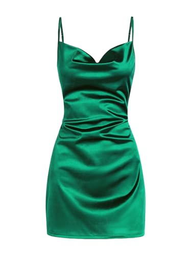 ZAFUL Damen Satin Ärmelloses Spaghettiträger Minikleid Sexy Unterkleid Wasserfallausschnitt Seidige Cocktail Party Kleider (Grün, M)
