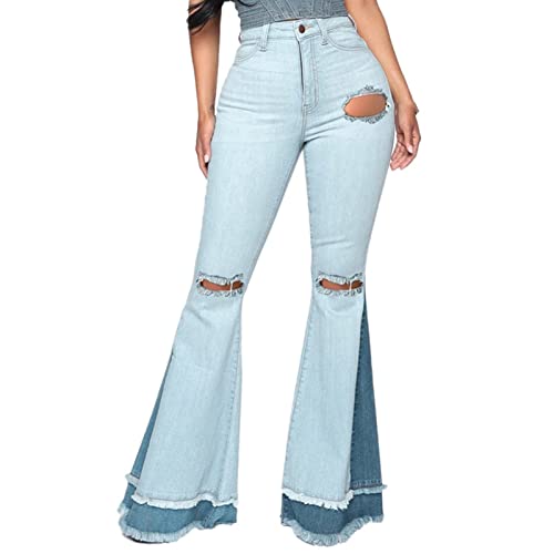Maiyifu-GJ Women's Patchwork Ripped Flare Jeans Retro High Waisted Bell Bottom Denim Pants Destroyed Raw Hem Jean Trousers (Light Blue 2,Medium)