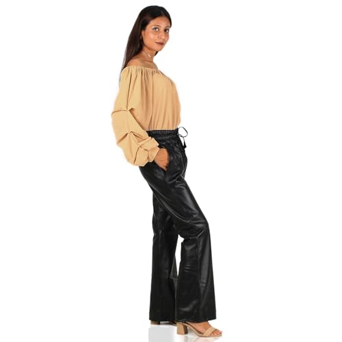 Women's Genuine Lambskin Classic Flare Leather Pants (Black, Leather Joggers) - 24240013