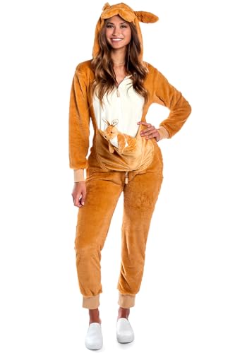 Tipsy Elves Womens Halloween Costume - Cute Animal Costumes for Women Adult Hooded Front Zipper Onesie Jumpsuits Fun Marsupiral Brown Kangaroo Costume Size Large