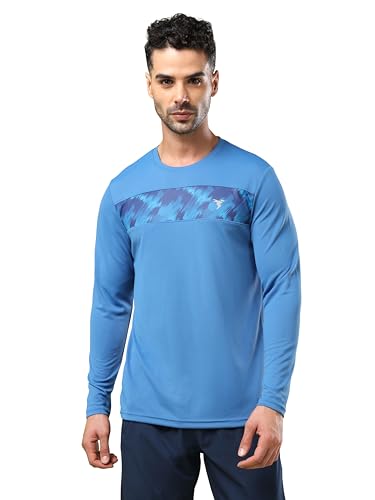 Image of TECHNOSPORT Men Polyester Self Design Chest Print Slim Fit Long Sleeve T-Shirt for Gym, Workout and Regular Use with SPF50+