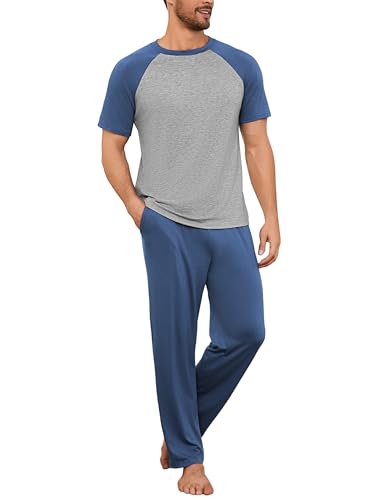 Bresdk Pigiami Uomo Cotone Lungo Pigiama Uomo Maniche Corte e Pantaloni Lunghi Pigiami Due Pezzi da Uomo Completino per Casa Leggero e Morbido