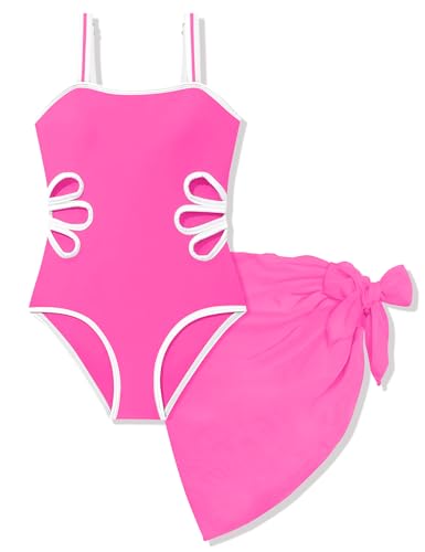 Image of 7-16 Years Girls Swimsuit 2PCS Adjustable Straps Cut Out One Piece Bathing Suit with Solid Color Cover Up Skirt