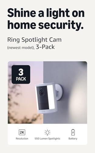 Image of Ring Spotlight Cam, Battery, Home or business security, Wide-Angle Retinal 2K Video, 6x Enhanced Zoom, Motion-Activated Spotlights, 3-Pack, White