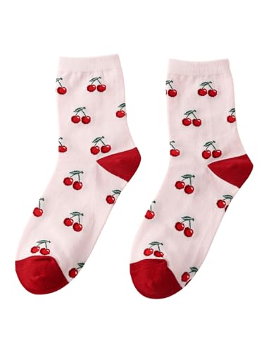 SHENHE Women's Cute Cherry Socks Kawaii Coloblock Knitted Crew Stockings Breathable Above Ankle Socks
